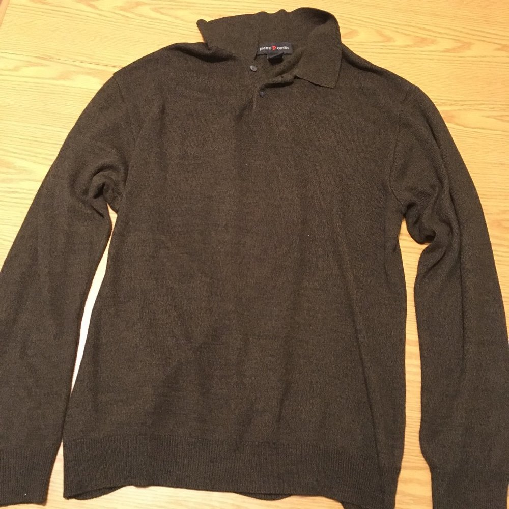 Pierre Cardin Sweater Button Collar Henley Brown